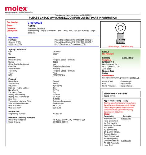 Molex 190730036 Ringkabelschuh Loch-Ø=2.6mm Bulk von Molex