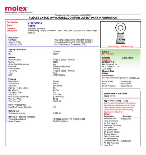 Molex 190730242 Ringkabelschuh Loch-Ø=8mm Bulk von Molex
