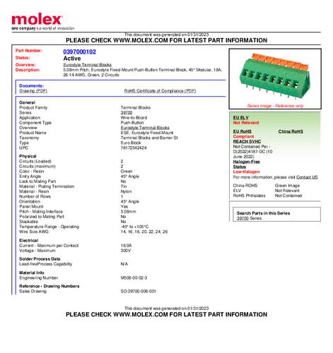 Molex 397000102 Printklemme Polzahl 2 Tray von Molex