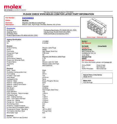 Molex 445200004 CAT5 STCKD MULTIPORT 445200004 Buchse Polzahl Sensoren 8P8C 1St. von Molex