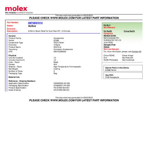 Molex 875691012 Zugentlastung Polzahl Gesamt: 12 Anzahl Reihen: 2 Bulk von Molex