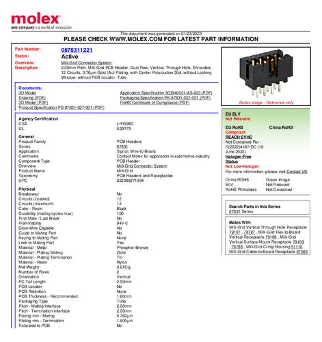 Molex 87831122iftleiste Rastermaß: 2.00mm Polzahl Gesamt: 12 Anzahl Reihen: 2 Tube von Molex
