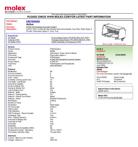 Molex Buchsengehäuse-Kabel Anzahl Reihen: 2 307005060 Tray von Molex