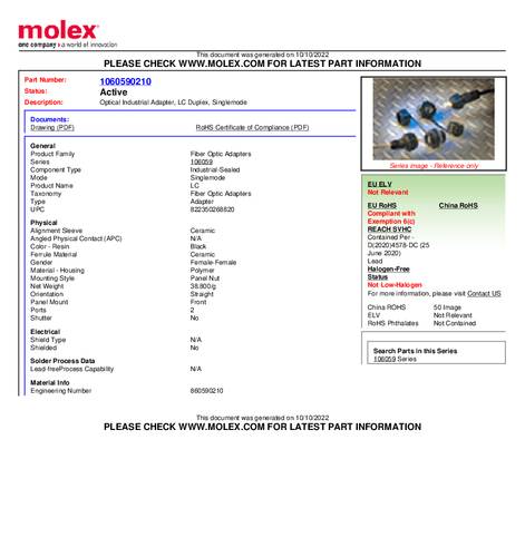 Molex LWL-Adapter 1060590210 Bulk von Molex