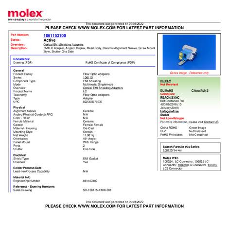 Molex LWL-Adapter 1061153100 von Molex