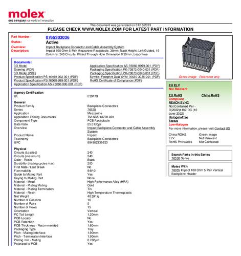 Molex Mezzanine-Steckverbinder 765303036 1 St. Tray von Molex