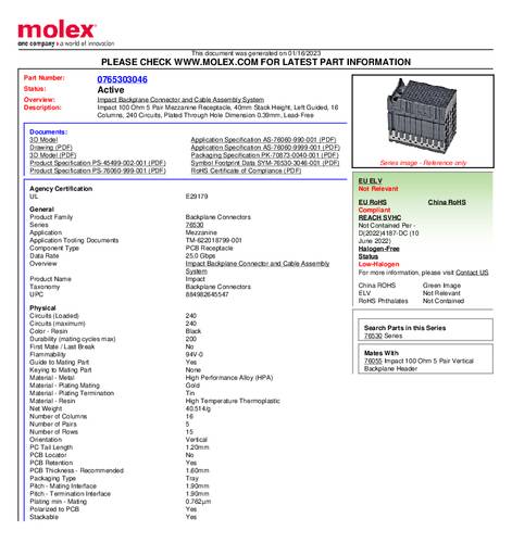 Molex Mezzanine-Steckverbinder 765303046 1 St. Tray von Molex