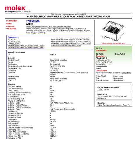 Molex Stiftgehäuse-Platine 1712921328 Tray von Molex