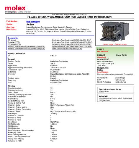 Molex Stiftgehäuse-Platine 764105807 Tray von Molex