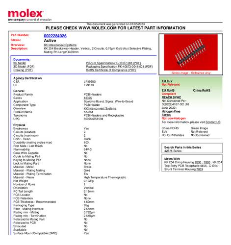 Molex Stiftleiste (Standard) 22284026 Bulk von Molex