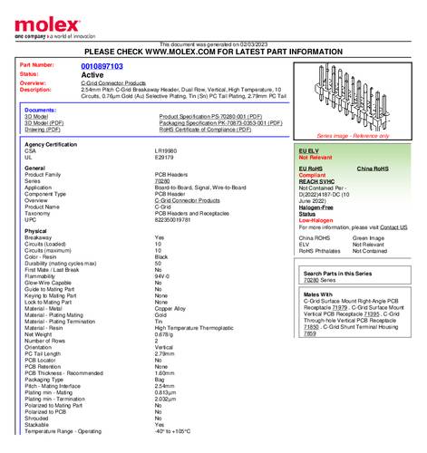 Molex Stiftleiste (Standard) Anzahl Reihen: 2 10897103 Bulk von Molex