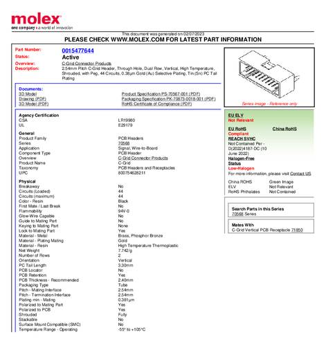 Molex Stiftleiste (Standard) Anzahl Reihen: 2 15477644 Tube von Molex