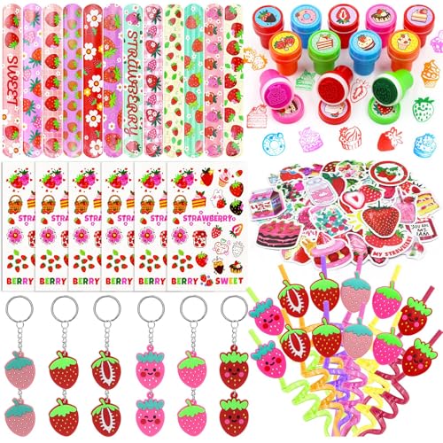 Moltby 110PC Erdbeer Party Mitgebsel -Fun Berry Slap Armbänder, Stempel, Tattoos Aufkleber, Schlüsselanhänger, und Trinkhalme für Kinder Mädchen Berry ersten Geburtstag Parteien Baby-Dusche von Moltby