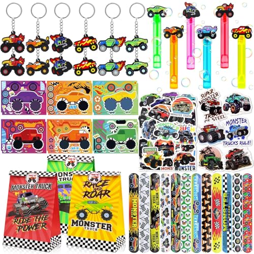 Moltby 110PC Monster Truck Party Mitgebsel - Truck Themed Party Geschenk Goodie Bags mit LKW Bubble Wand DIY Aufkleber Schlüsselanhänger Slap Armbänder für Geburtstag liefert von Moltby