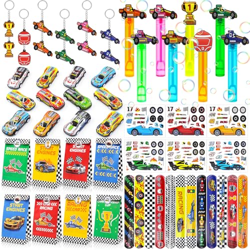 Moltby party Rennautos Mitgebsel Kindergeburtstag Junge-72pcs Mini Auto Rennauto, Rennauto Geschenktüten, Rennauto Slap Armband, Aufkleber, Schlüsselanhänger, Give Aways Gastgeschenke für Jungen von Moltby