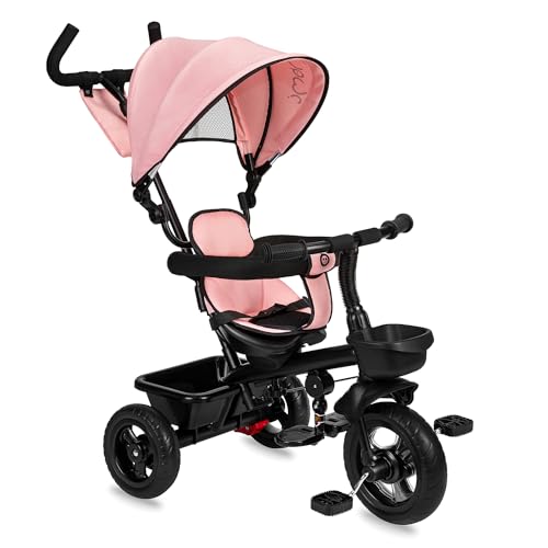 MoMi TELDE 5-in-1 Kinderdreirad, Tricycle mit 360°-Sitz mit 3-Punkt-Sicherheitsgurt, Fußstütze, Sonnendach, PU-Räder, Schiebegriff, Transportablage für Spielzeug von Momi