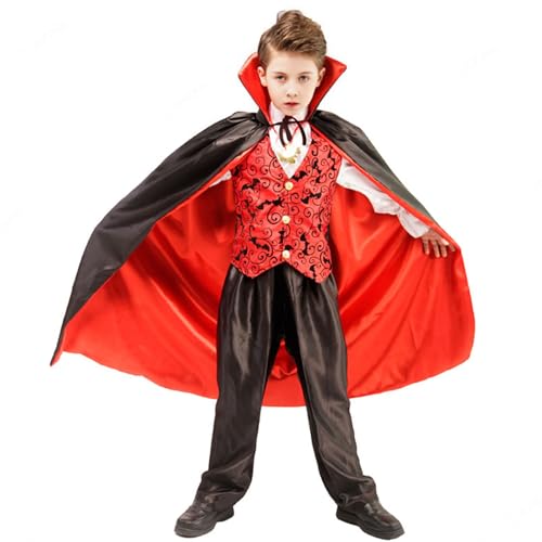 Momkonzz Jungen Gothic Vampir Kostüm Kinder Halloween Kostüm mit Cape Oberteil Hose Halsbekleidung Cosplay Outfit 10-12 Jahre von Momkonzz