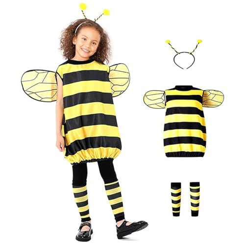 Momkonzz Mädchen Bienen Kostüm Kinder Halloween Kostüme mit Flügel Haarreif und Socken Party Cosplay 10-12 Jahre von Momkonzz