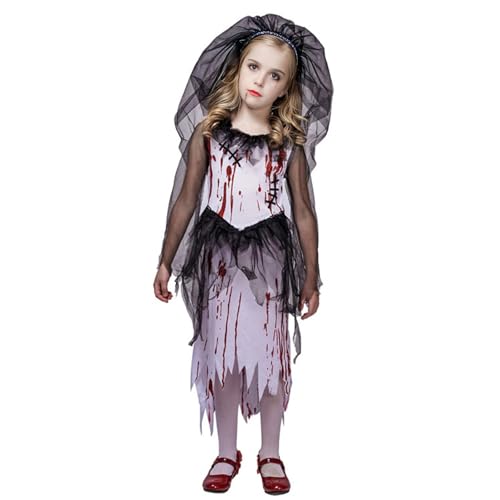 Momkonzz Mädchen Blutige Geisterbraut Kostüm Kinder Halloween Horror Braut Kleid mit Haarband Cosplay Kleidung 10-12 Jahre von Momkonzz