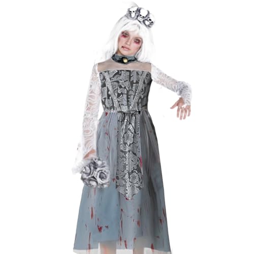 Momkonzz Mädchen Halloween Kostüm Kinder Horror Zombie Braut Kleid mit Stirnband Blumenstrauß Cosplay Kostüme 10-12 Jahre von Momkonzz