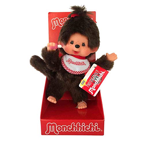 Sekiguchi 255184 - Original Monchhichi Mädchen, Plüschfigur mit weiß-rotem Lätzchen und roter Schleife im Haar, ca. 20 cm großes Kuscheltier aus braunem Plüsch von Sekiguchi