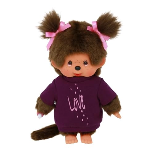 Sekiguchi 253814 - Original Monchhichi Mädchen mit T-Shirt 'Love' und Schleifen im Haar, ca. 20 cm großes Kuscheltier aus braunem Plüsch von Monchhichi