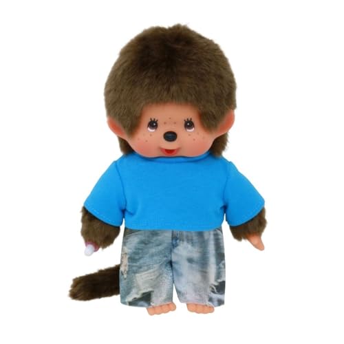 Sekiguchi 253852 - Original Monchhichi Junge mit Jeans und T-Shirt, ca. 20 cm großes Kuscheltier aus braunem Plüsch von Monchhichi