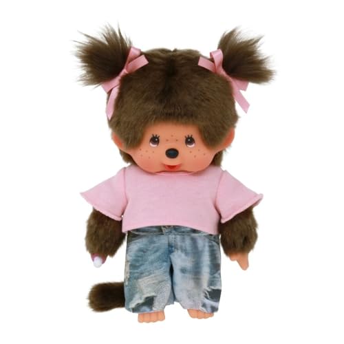 Sekiguchi 253845 - Original Monchhichi Mädchen mit Jeans und T-Shirt, ca. 20 cm großes Kuscheltier aus braunem Plüsch, Rosa von Monchhichi