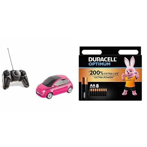 Mondo Motors, FIAT 500 PINK, Modell im Maßstab 1: 24, Geschwindigkeit bis zu 8 km/h, Spielzeugauto für Kinder - 63554 + Duracell Optimum Batterien AA, 8 Stück, bis zu 200% zusätzliche Lebensdauer od von Mondo