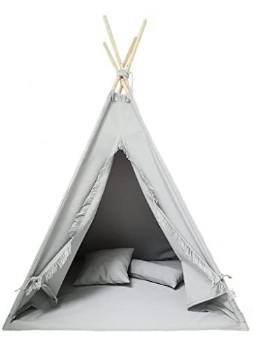 Monio for Kids - Grau Spielzelt Tipi Zelt aus Baumwolle mit Matte und Kissen Hochwertige Materialien und Stabilität Kindertipi Indoor Kinderzimmer Zelt Handgefertigt Waschbar Perfekt zum Spielen von Monio for Kids