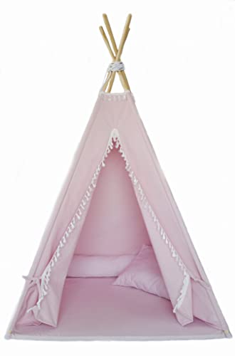 Monio for Kids - Rosa Spielzelt Tipi Zelt aus Baumwolle mit Matte und Kissen Hochwertige Materialien und Stabilität Kindertipi Indoor Kinderzimmer Zelt Handgefertigt Waschbar Perfekt zum Spielen von Monio for Kids