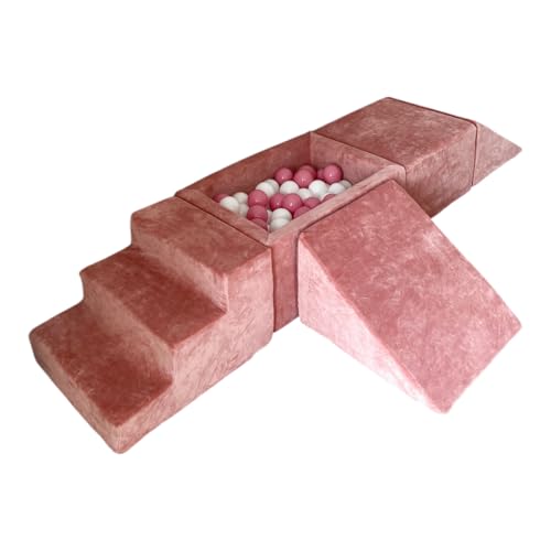 Monio for Kids Schmutzige Rosa Schaumstoff-Spielset aus Weicher Samt mit 5 Elementen Bällebad und 100 Bällen Abnehmbare Bezüge Weich und Waschbar Indoor-Spielset Kinderspielplatz von Monio for Kids