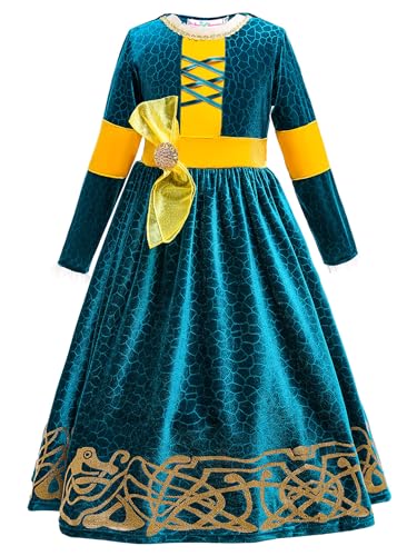 Monissy Anna Prinzessin Mädchen Kleid Kinder Merida Kostüm mit Zubehöre Krone Zauberstab für Kindergarten Geburtstag Geschenk Verkleidung Halloween Fasching, Blau, 100 von Monissy