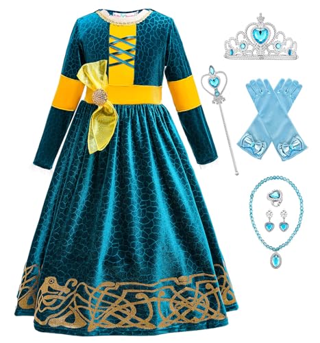 Monissy Anna Prinzessin Mädchen Kleid Kinder Merida Kostüm mit Zubehöre Krone Zauberstab für Kindergarten Geburtstag Geschenk Verkleidung Halloween Fasching, Blau-6ps, 100 von Monissy