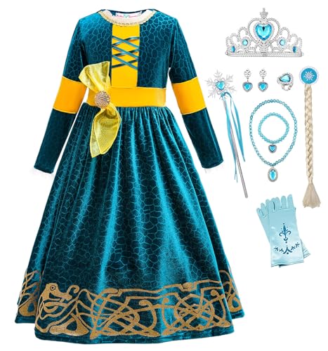 Monissy Anna Prinzessin Mädchen Kleid Kinder Merida Kostüm mit Zubehöre Krone Zauberstab für Kindergarten Geburtstag Geschenk Verkleidung Halloween Fasching, Blau-8ps, 100 von Monissy