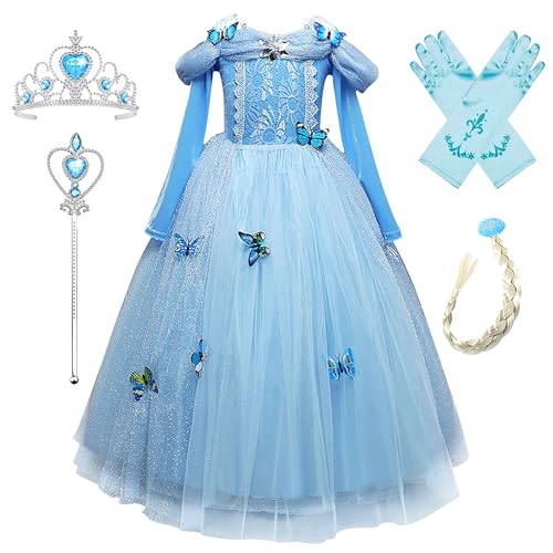 Monissy Aschenputtel Kostüm Kinder Mädchen Prinzessinnkleid mit Zubehöre Schmetterling Cinderella Tüll Maxikleid Krone Halloween Weihnachten Geburtstagsfeiern Karneval Verkleidung, Blau, 140 von Monissy