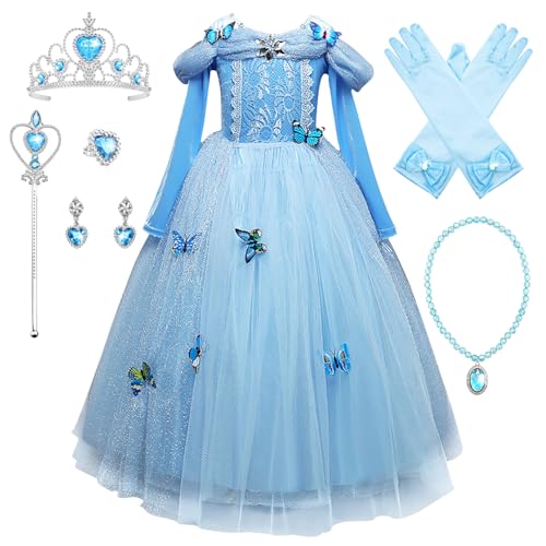 Monissy Aschenputtel Kostüm Kinder Mädchen Prinzessinnkleid mit Zubehöre Schmetterling Cinderella Tüll Maxikleid Krone Halloween Weihnachten Geburtstagsfeiern Karneval Verkleidung, Blau C, 100 von Monissy