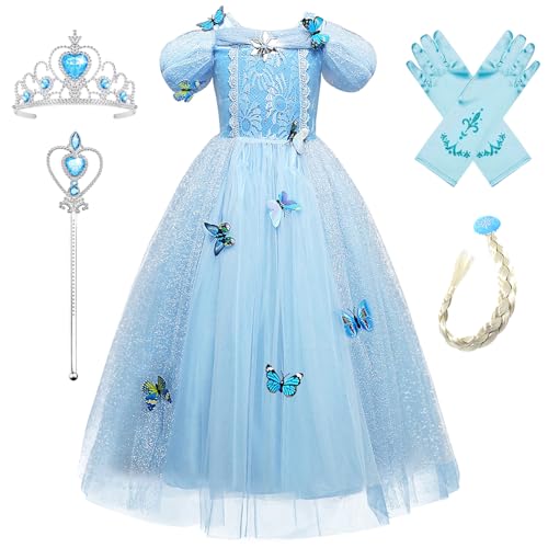 Monissy Aschenputtel Kostüm Kinder Mädchen Prinzessinnkleid mit Zubehöre Schmetterling Cinderella Tüll Maxikleid Krone Halloween Weihnachten Geburtstagsfeiern Karneval Verkleidung, Dunkelblau, 120 von Monissy