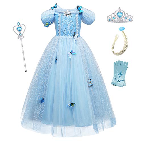 Monissy Aschenputtel Kostüm Kinder Mädchen Prinzessinnkleid mit Zubehöre Schmetterling Cinderella Tüll Maxikleid Krone Halloween Weihnachten Geburtstagsfeiern Karneval Verkleidung, Dunkelblau, 160 von Monissy