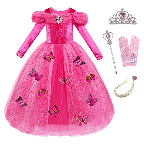 Monissy Aschenputtel Kostüm Kinder Mädchen Prinzessinnkleid mit Zubehöre Schmetterling Cinderella Tüll Maxikleid Krone Halloween Weihnachten Geburtstagsfeiern Karneval Verkleidung, Pink, 100 von Monissy