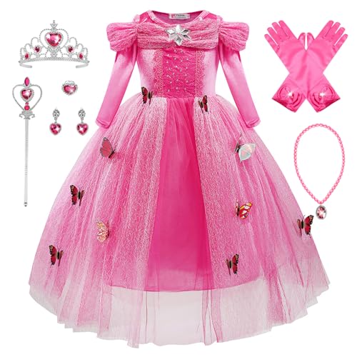 Monissy Aschenputtel Kostüm Kinder Mädchen Prinzessinnkleid mit Zubehöre Schmetterling Cinderella Tüll Maxikleid Krone Halloween Weihnachten Geburtstagsfeiern Karneval Verkleidung, Pink, 110 von Monissy