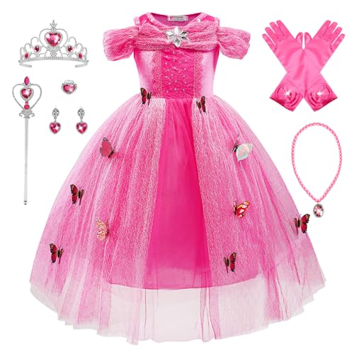 Monissy Aschenputtel Kostüm Kinder Mädchen Prinzessinnkleid mit Zubehöre Schmetterling Cinderella Tüll Maxikleid Krone Halloween Weihnachten Geburtstagsfeiern Karneval Verkleidung, Rosa, 100 von Monissy