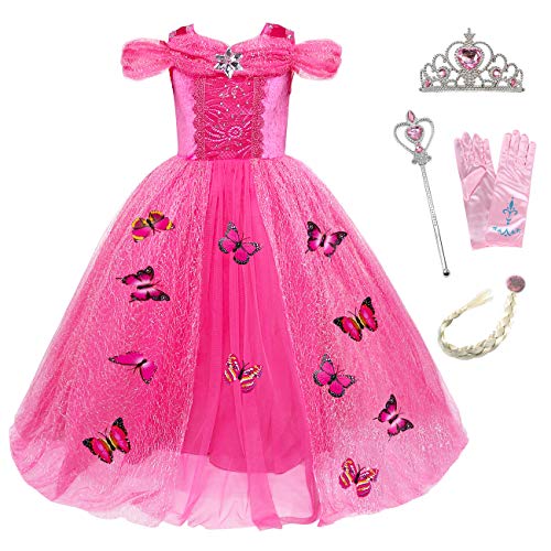 Monissy Aschenputtel Kostüm Kinder Mädchen Prinzessinnkleid mit Zubehöre Schmetterling Cinderella Tüll Maxikleid Krone Halloween Weihnachten Geburtstagsfeiern Karneval Verkleidung, Rosa, 110 von Monissy