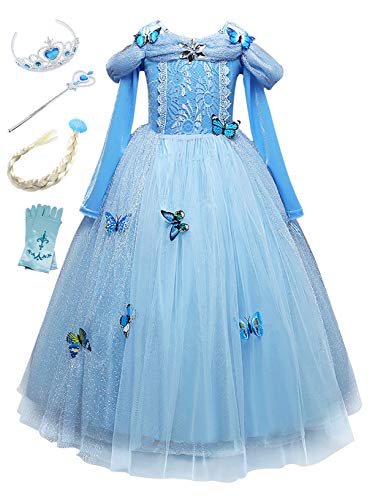 Monissy Aschenputtel Kostüm für Kinder Mädchen Prinzessinnkleid mit Zubehöre Schmetterling Cinderella Tüll Maxikleid Krone für Halloween Weihnachten Geburtstagsfeiern Karneval Verkleidung, Blau, 110 von Monissy