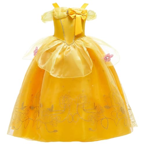 Monissy Belle Prinzessin Kostüm für Mädchen Girls TUTU Kleider für Kinder mit Zubehöre Ankleiden für Kindergarten Geburtstagsfeiern Verkleidung Karneval Halloween Ballkleid Cosplay, Gelb, 100 von Monissy