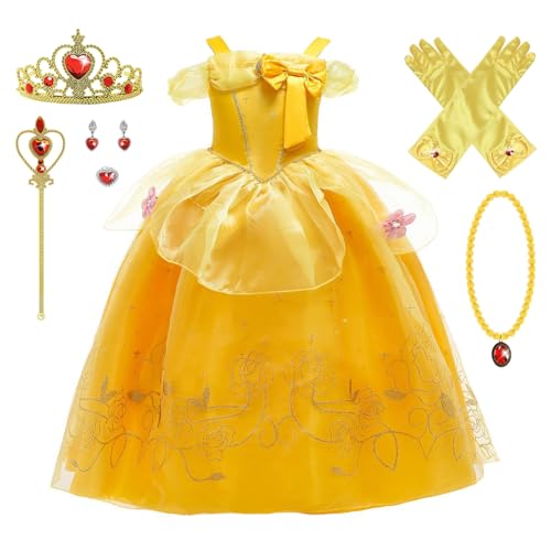 Monissy Belle Prinzessin Kostüm für Mädchen Girls TUTU Kleider für Kinder mit Zubehöre Ankleiden für Kindergarten Geburtstagsfeiern Verkleidung Karneval Halloween Ballkleid Cosplay, Gelb-6ps,120 von Monissy