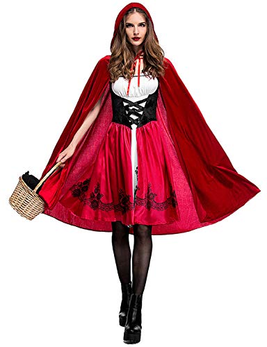 Monissy Damen Rotkäppchen Kostüm mit Umhang Erwachsene Cosplay Kleid Karneval Cosplay Kostüm Gothic Riding Hood Cape Halloween Fasching Verkleidung Party Kleid Rot Große Größe bis 3XL von Monissy