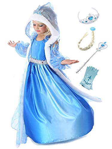 Monissy Elsa Kostüm für Kinder Mädchen Prinzessin Kostüm Eiskönigin Eisprinzessin Kleid Karneval Verkleidung Cosplay Party Geburtstag 3 Teil Umhang Arm Ärmel Schneeflocken Blau Lang von Monissy