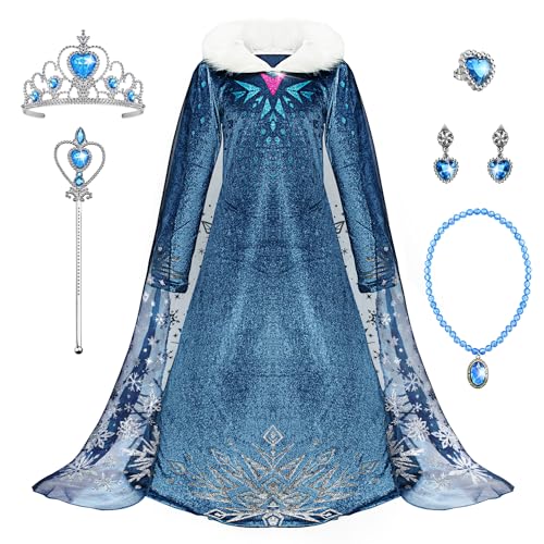 Monissy ELSA Prinzessin Kostüm mit Zubehöre Schneeflocke Kleid Zauberstab Krone Schneekönigin für Kindergarten Geschenk Geburtstagsfeiern Karneval Verkleidung Halloween, Blau A, 120 von Monissy