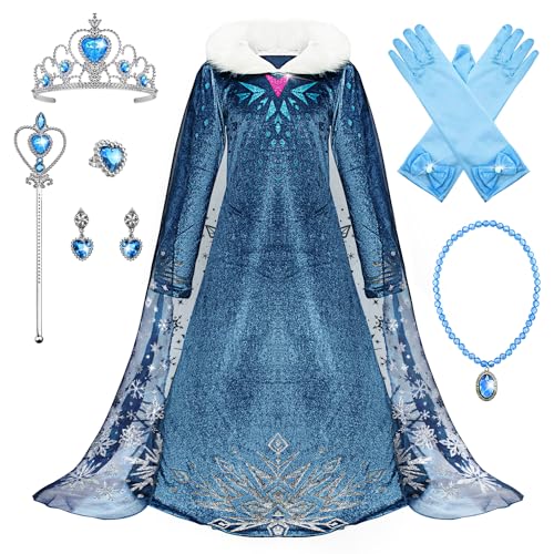 Monissy ELSA Prinzessin Kostüm mit Zubehöre Schneeflocke Kleid Zauberstab Krone Schneekönigin für Kindergarten Geschenk Geburtstagsfeiern Karneval Verkleidung Halloween, Blau B, 110 von Monissy